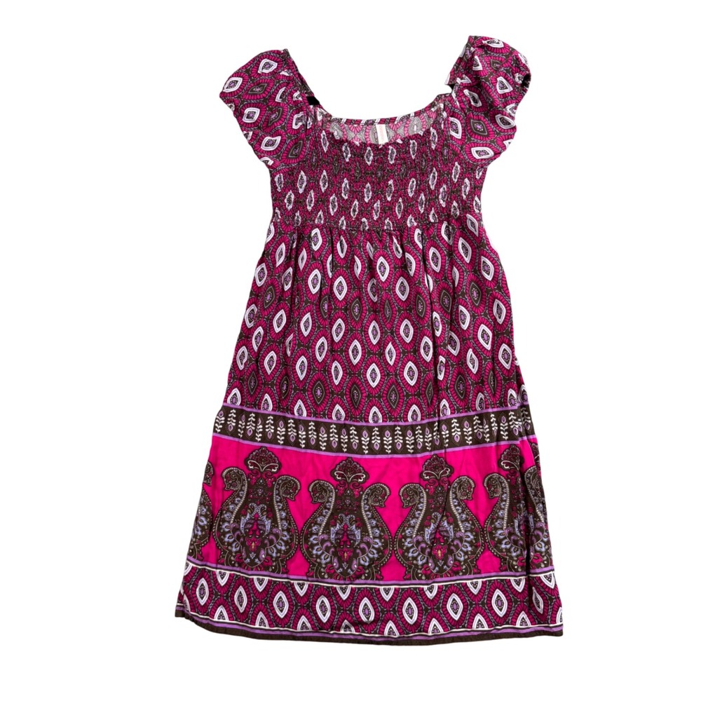 Xhilaration‎ Pink Paisley Smocked Mini Dress Y2K Boho Cottagecore Festival M